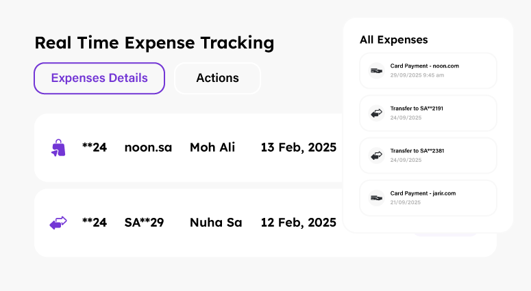 User interface for real-time expense tracking showing two expense entries with dates, names, masked account info, and a sidebar listing four recent expenses with descriptions and dates.